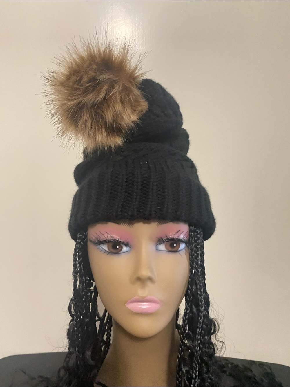 Black Knit Pom Pom Beanie Hat with Faux Fur Pom